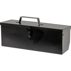 Svart verktøykasse i dimensjonene 420 x 145 x 135 mm, ideell for oppbevaring.