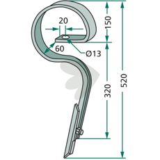 Rett kultivatorpinne, komplett med skjær, mål 45x12/520.