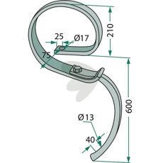 Stor fjærende pinne for traktorer, 600mm uten skjær, passer Kongskilde med flere.