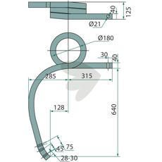Høyre tung kultivatorpinne, vridd 640mm, med 13mm hull for stabilitet.