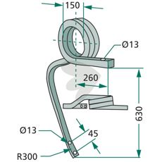 Vridd kultivatorskaft for midt, firkantet form, 35mm.
