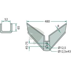 Vingeskjær med 480 mm bredde og 25° vinkel, designet for optimal skjæring.