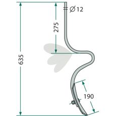 Løs pinne med skjær 32x10mm, 635mm lang, ideell for landbruksapplikasjoner.