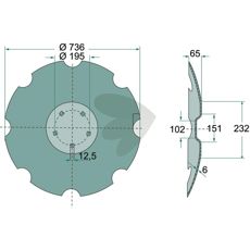 Tallrik 736/195x6 mm, ideell for ulike jordbearbeidingsmaskiner og applikasjoner.