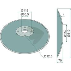 Glatt skive 510x5 mm med 4 festehull, ideell for landbruk og maskinfunksjon.