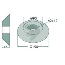 Flens for firkantaksel 40x40 mm, inn- og utvendig, diameter 150x90 mm.