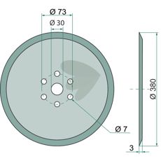 Skivetann Hullsirkel med målene 73 mm og 380 mm for effektiv bruk.