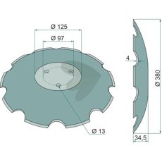 Tannet skivedisk med tre hull for effektiv jordbearbeiding og lufting.