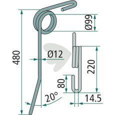 Bøyd etterharvpigg Güttler 480mm, ideelt for effektiv markbearbeiding.