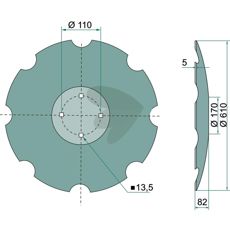 Tagget skive 610x5mm med 4 festepunkter for effektiv jordbearbeiding.