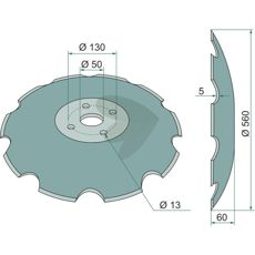 Skive, tagget 560x5mm med 4 festepunkter, for hardt arbeid på åkeren.