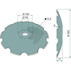 Tagget skive 560x6mm med 6 festepunkter for robust jordbearbeiding.