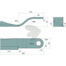 Høyre slagkniv 60x260x10 mm, perfekt for maskiner og effektiv skjæring.
