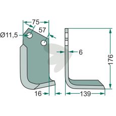 Jordfreskniv for Agric, c-c 57mm og hull 11,5mm.