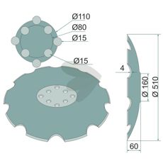 Tallerken tagget Ø510 mm til Agrisem 8 festepunkter, ideell for jordbehandling.