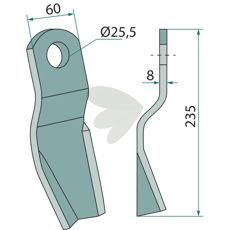 Slagkniv Agricom og Agrimaster med hull 25,5 mm, ideell for landbruksapplikasjoner.