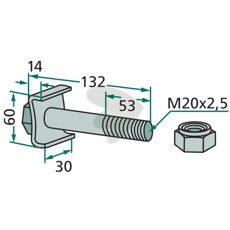 Skrue med mutter 3000313, nødvendig for montering av de fleste landbruksmaskiner.