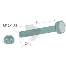 Skrue med mutter M12 x 1,75 x 80 mm, 10.9, perfekt for landbruksmaskiner.