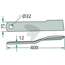 Slagkniv Howard/Kongskilde med hull 32mm, robust og effektiv for ulike jordbearbeidingsbehov.