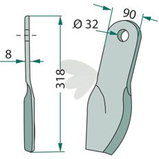 90X318mm slagkniv fra Howard/Kongskilde, hull 32mm, designet for sterk ytelse i jorden.