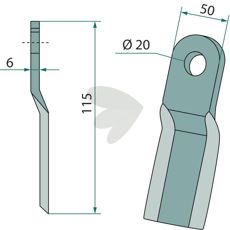Slagkniv Humus 50X115mm med 20mm hull, effektiv for jordbearbeiding og skjæring.