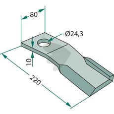 Venstre slagkniv Humus, 80X220mm med hull på 24,3 mm, ideell for landbruk.