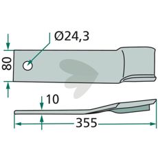 Venstre slagkniv 80X355mm for Humus, minibussning med hull 24,3 mm.