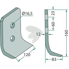 Jordfreskniv fra Mulag med 60 mm c-c avstand og 16,5 mm hull for jordbearbeiding.