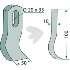 Mulag og Herder slagkniv med hull på 20x35 mm, effektiv for jordbearbeiding.