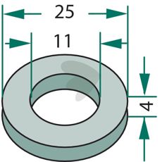 Skive Ø 25x4xØ 11 mm, komponent for å forsterke festepunkter i utstyr.
