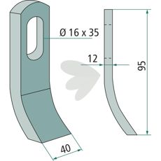 Slagkniv fra Turner og Noremat med hull på 16X35 mm, perfekt for jordbruksmaskiner.