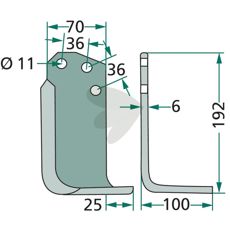 Jordfreskniv for Agria, c-c 36mm, hull 11mm, uansett retning for optimal bruk.