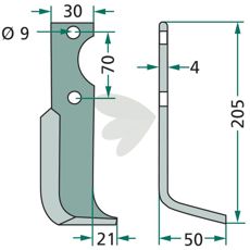 Jordfreserkniv Agria c-c 70mm med 9mm hull, designet for effektiv bearbeiding.