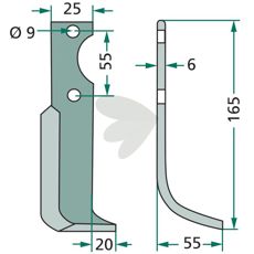 Jordfreskniv for Sauerburger med 55mm c-c og 9mm hull.