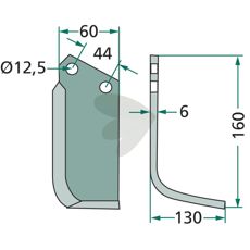 Jordfreskniv for Agritalia og Carraro med 44mm c-c og 12,5mm hull, utmerket for jordbearbeiding.
