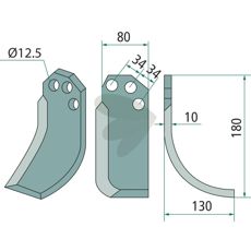 Jordfreskniv for Agritalia og Carraro med 34mm c-c og 12,5mm hull, ideell for jordarbeid.