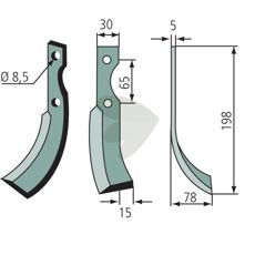 Jordfreskekniv for Eurosystems med c-c 65mm og hull 8,5mm, høyreside.