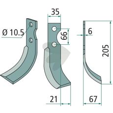 Jordfreskniv Grillo (Pinza) med c-c 66mm og hull på 10,5mm, ideell for jordbearbeiding.