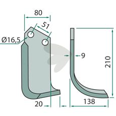 Jordfreskniv for Howard og Kongskilde, c-c 51mm, hull 16,5mm, skapt for nøyaktig jordbearbeiding.