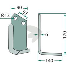Jordfreskniv for Howard og Kongskilde, med c-c mål 57mm og hull 13mm.