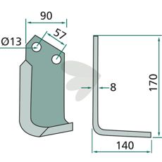 Jordfreskniv for Howard og Kongskilde, med c-c 57mm og hull 13mm.