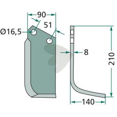 Jordfreskniv for Howard og Kongskilde med c-c 51mm og hull 16,5mm.