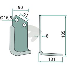Jordfreskniv for Howard og Kongskilde, c-c 51mm og hull 16,5mm.