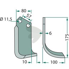 Jordfreskniv for Howard og Kongskilde, c-c 57mm og hull 11,5mm.