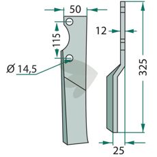 Howard/Kongskilde rotorharvtand med c-c 115mm og hull 14,5mm, ideell for tøffe miljøer.