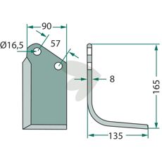 Kuhn jordfreskniv med 57mm c-c og hull på 16,5mm for effektiv anvendelse.