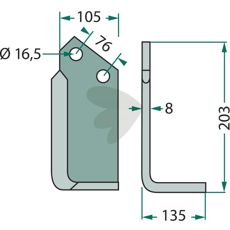 Kuhn jordfreskniv 76mm c-c med 16,5mm hull for effektiv anvendelse.
