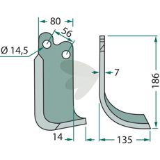 Slitesterkt jordfreserblad for Maschio, standard c-c 56mm hull 14,5mm.