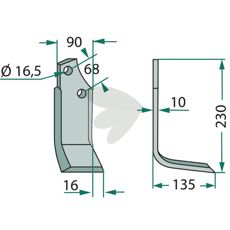 Jordfreskniv Maschio, c-c 68mm, høy kvalitet for jordbearbeiding, hull 16,5mm.