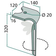 Kuhn rotorharvtann med mål 120X320mm, hull 20mm for holdbarhet.